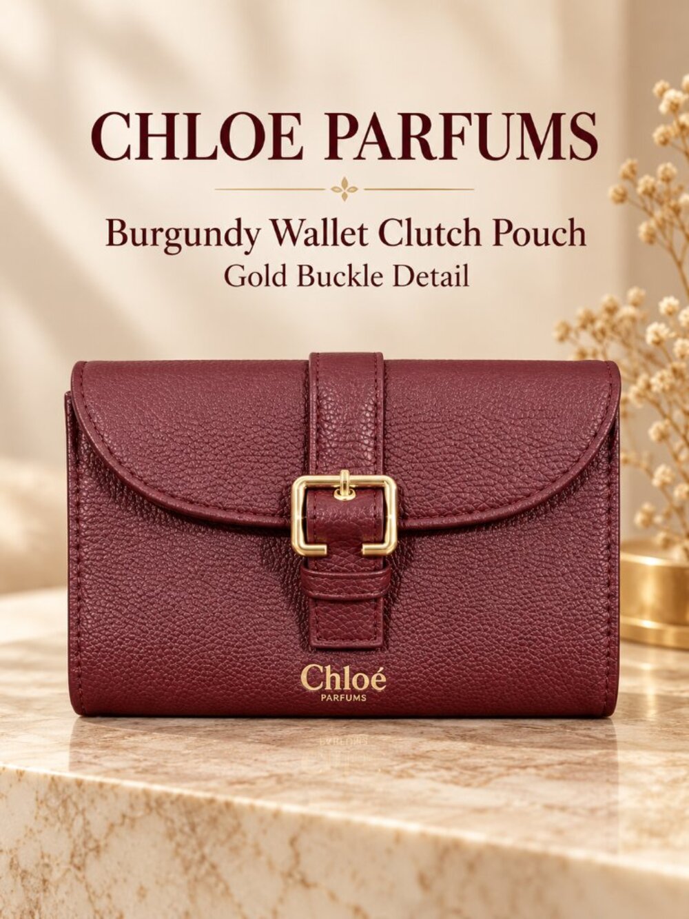 Chloe Parfums Burgundy Buckle Wallet Clutch Pouch